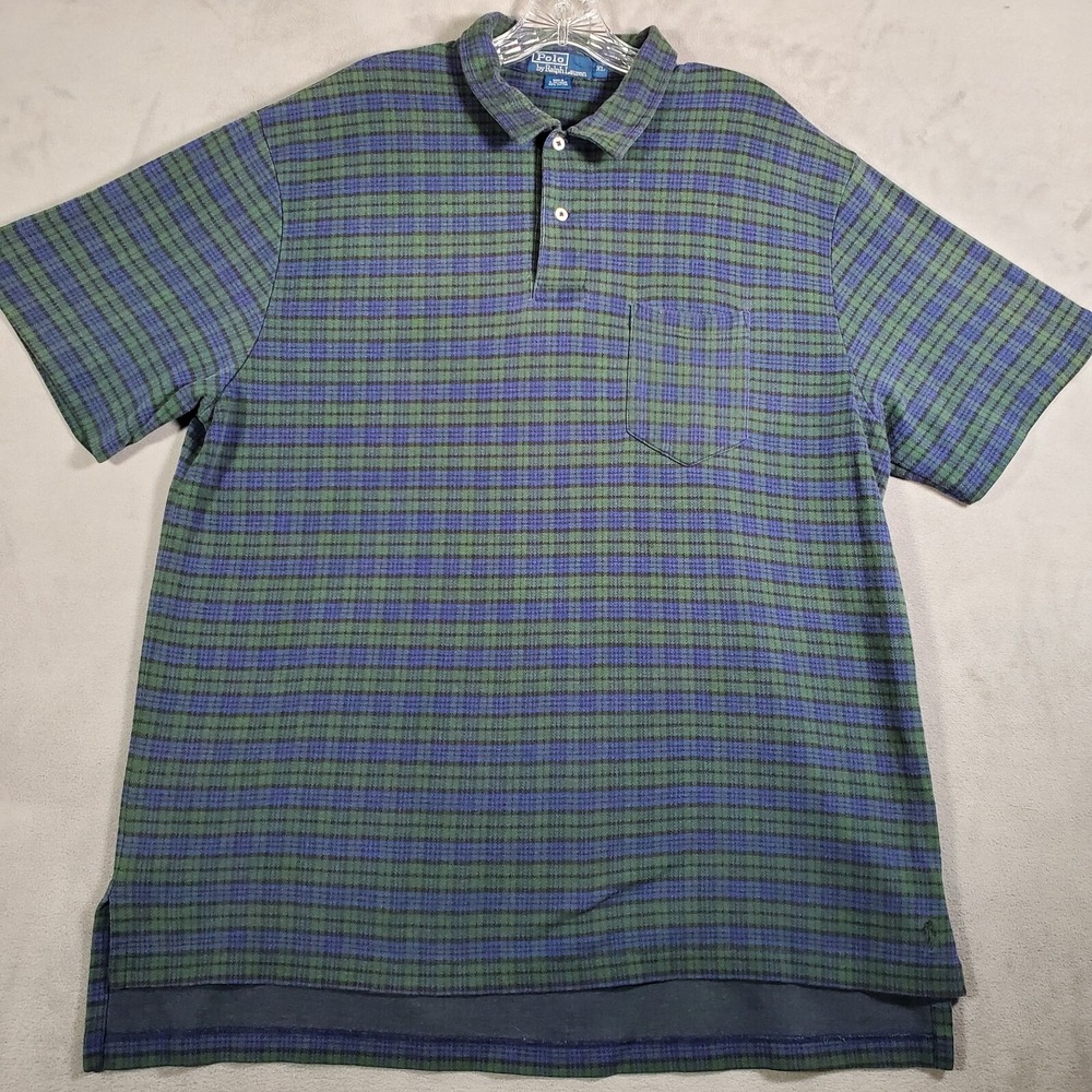 Vintage Polo Ralph Lauren Polo Shirt Mens XL Blue Green Blackwatch‎ Plaid Preppy